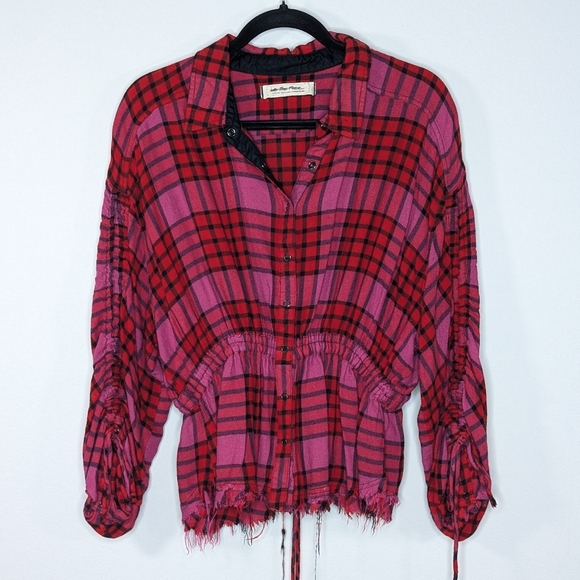 We The Free Pacific Dawn‎ Drawstring Button Down Wool Blend Plaid Top Red Pink M - Picture 2 of 8